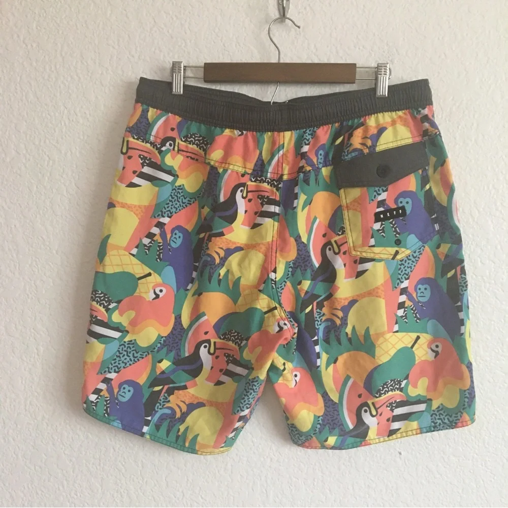 Neff Rainbow Jungle Tropical Toucan Parrot Monkey Fruit Swim Shorts XL